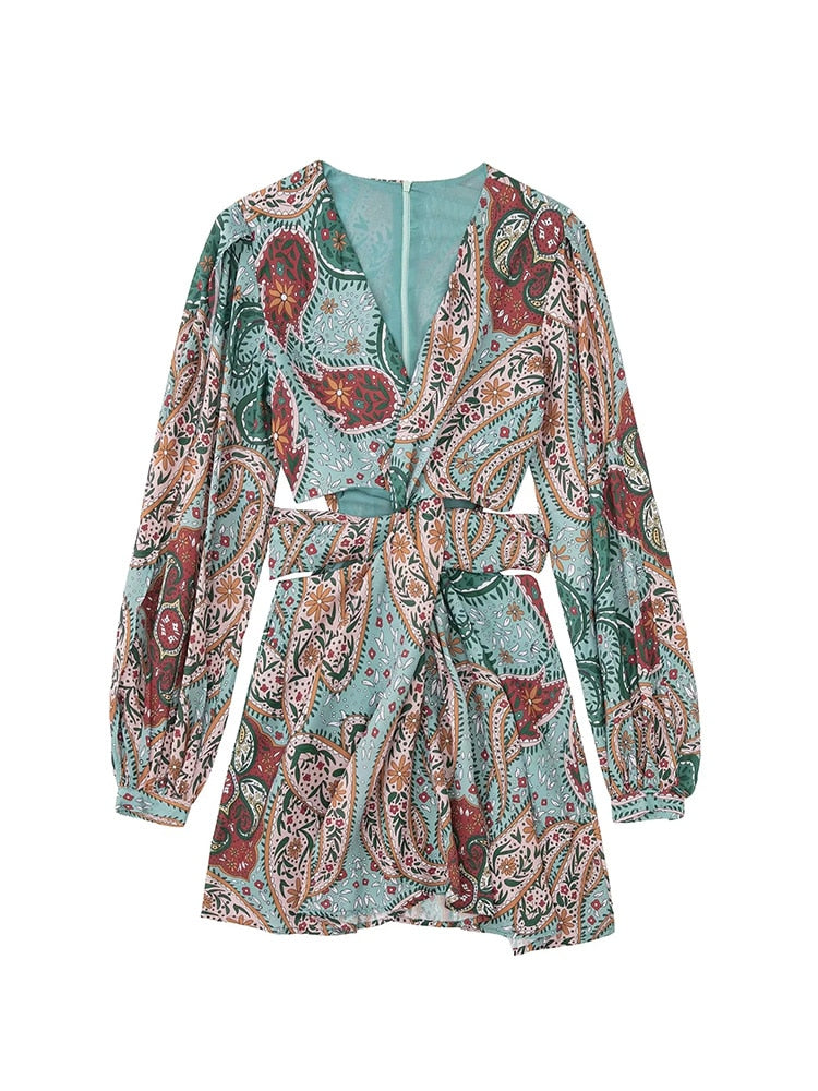 EDSA Women Elegant With Print Hollow Out Mini Dress Summer Pleated Full Sleeves Tied V-Neck Back Zippers Vintage Vestidos