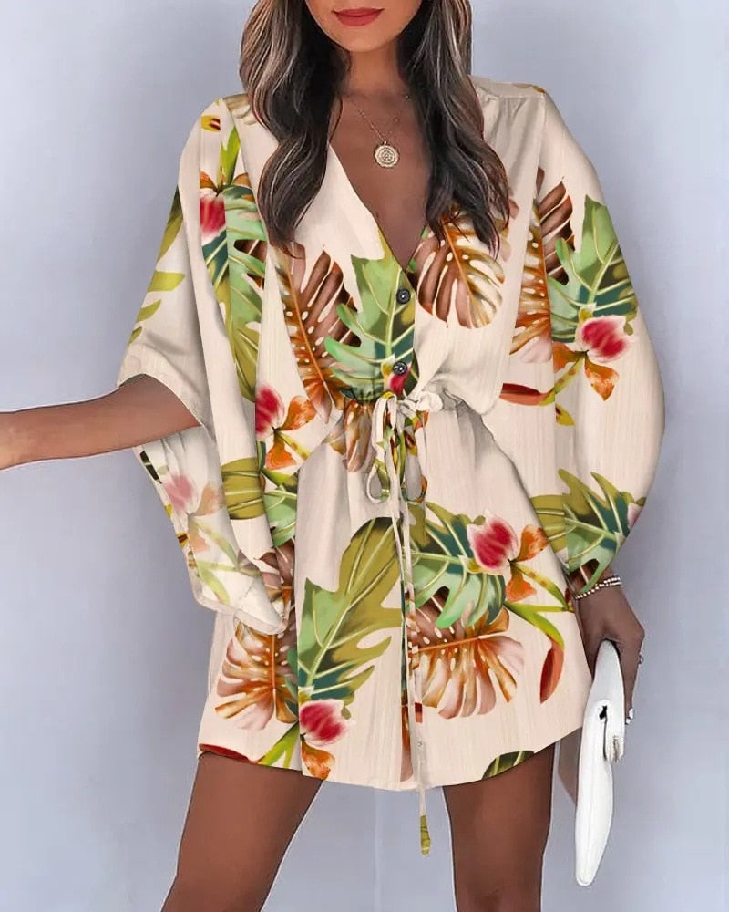 Women Batwing Sleeve Dresses Boho Leaf Print V-Neck Irregular Loose Mini Dress Female Sexy Lace-Up Waist Beach Dress Vestido