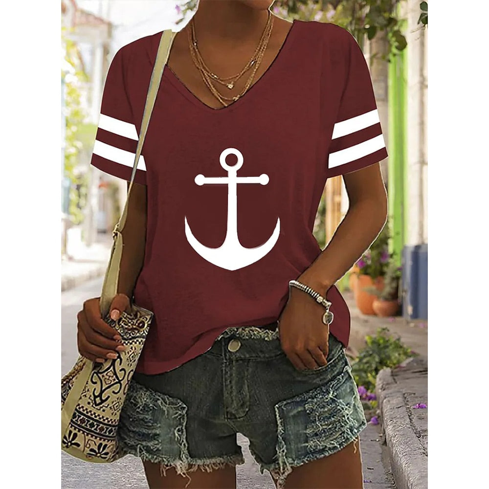 Summer Shirts Women T Shirt Short Sleeve Tops Anchor Graphic Clothing Everyday Streetwear V-Neck Pullovers For Women's Tees 2023