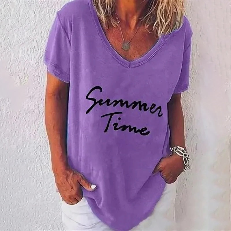 Summer Women T Shirt Letter Print Solid Clothing V Neck Short Sleeve Basic Tops Streetwear Tees Fashion Oversized Girls T-shirts