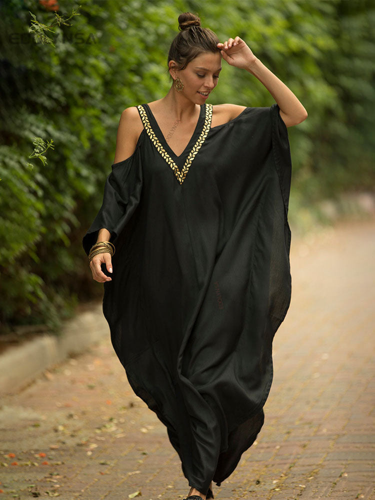 2023 Sexy Cold Shoulder V Neck Bats Sleeve Loose Summer Beach Dress Plus Size Women Beachwear Kaftan Black Dresses Q943