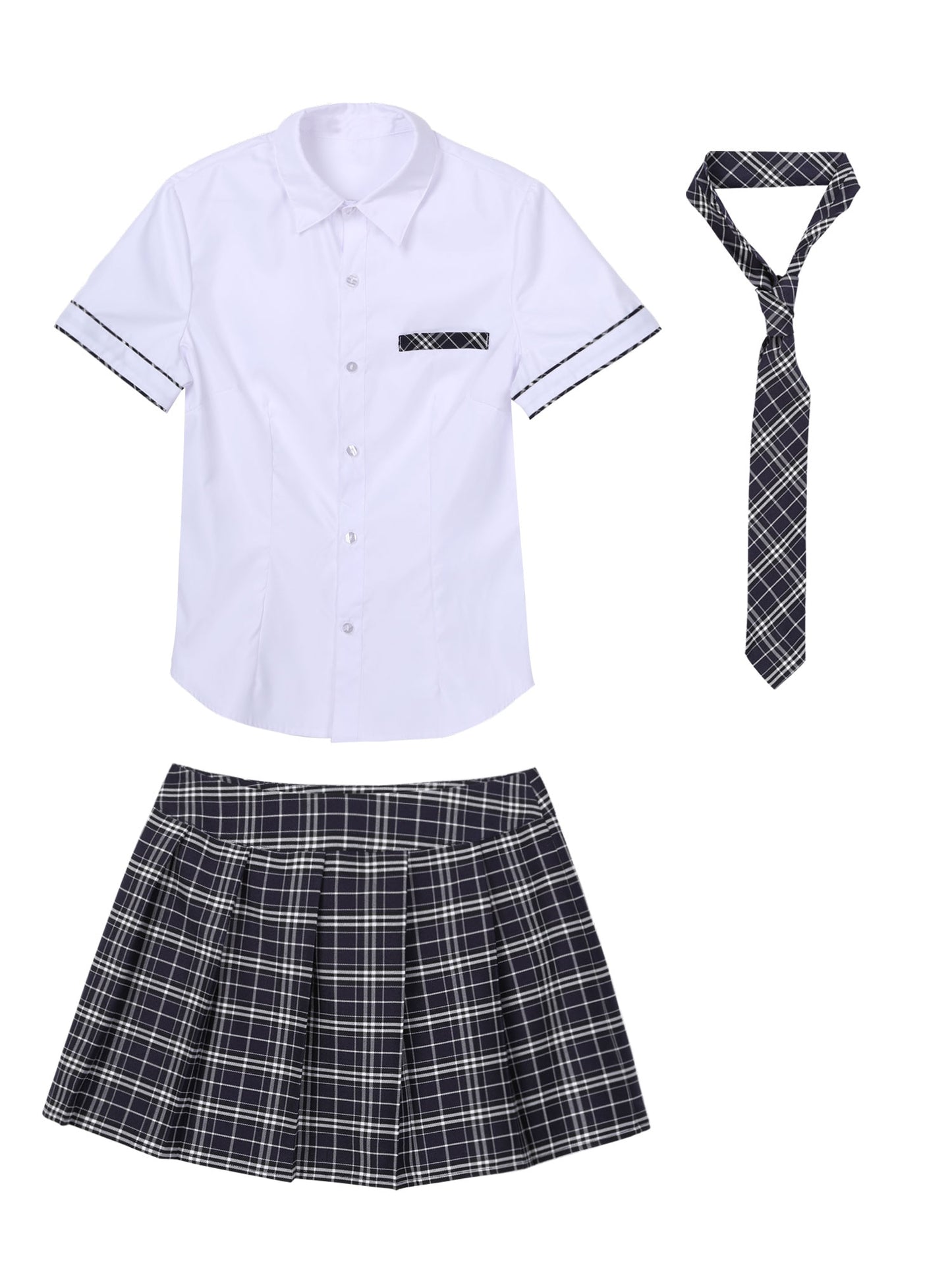 Women Schoolgirls Role Play Costume Fancy Dress Ball Outfit Zipper Plaid Pleated Mini Skirt + Necktie Set Sexy Cosplay Uniform