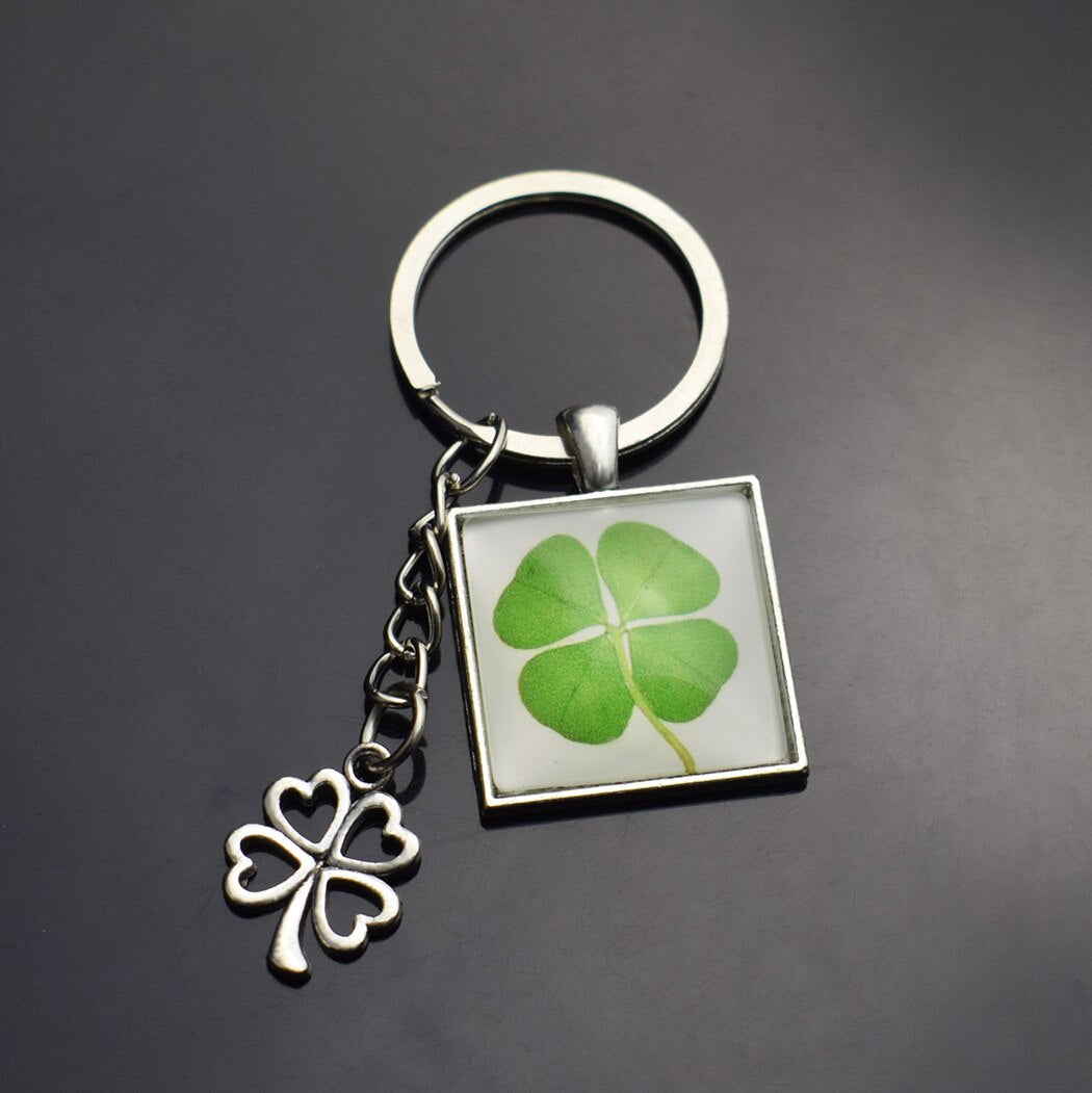 Clover Keychain Four Leaf Clover Glass Ball Double Side Pendant Metal Keyring Lucky Jewelry Gift for Men Dropshipping