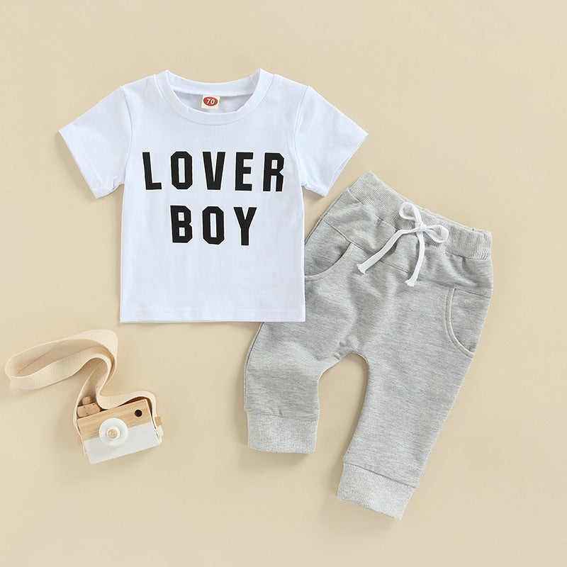 Lover Boy 2pcs Toddler Baby Boys Clothes Sets 0-3Y Letter Printing Short Sleeve T Shirts + Solid Pocket Elastic Pants.