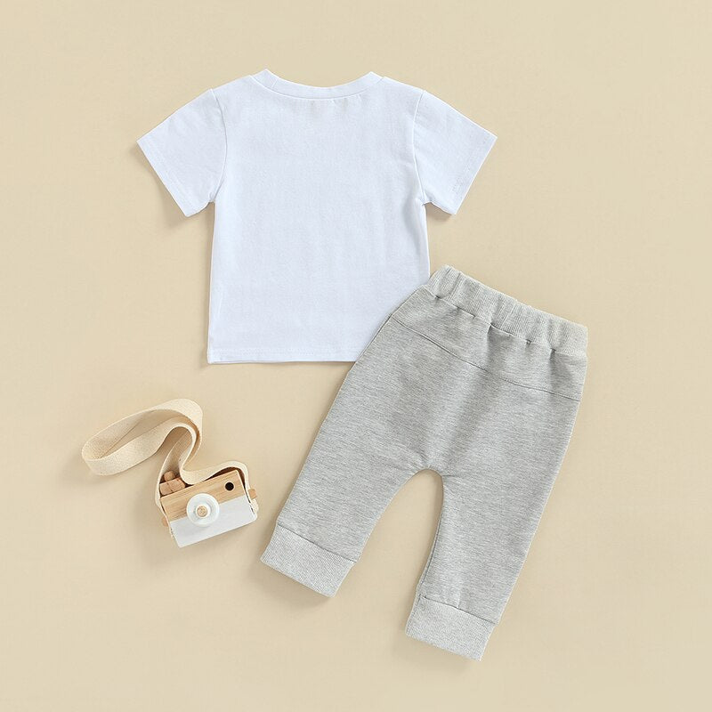 Lover Boy 2pcs Toddler Baby Boys Clothes Sets 0-3Y Letter Printing Short Sleeve T Shirts + Solid Pocket Elastic Pants.