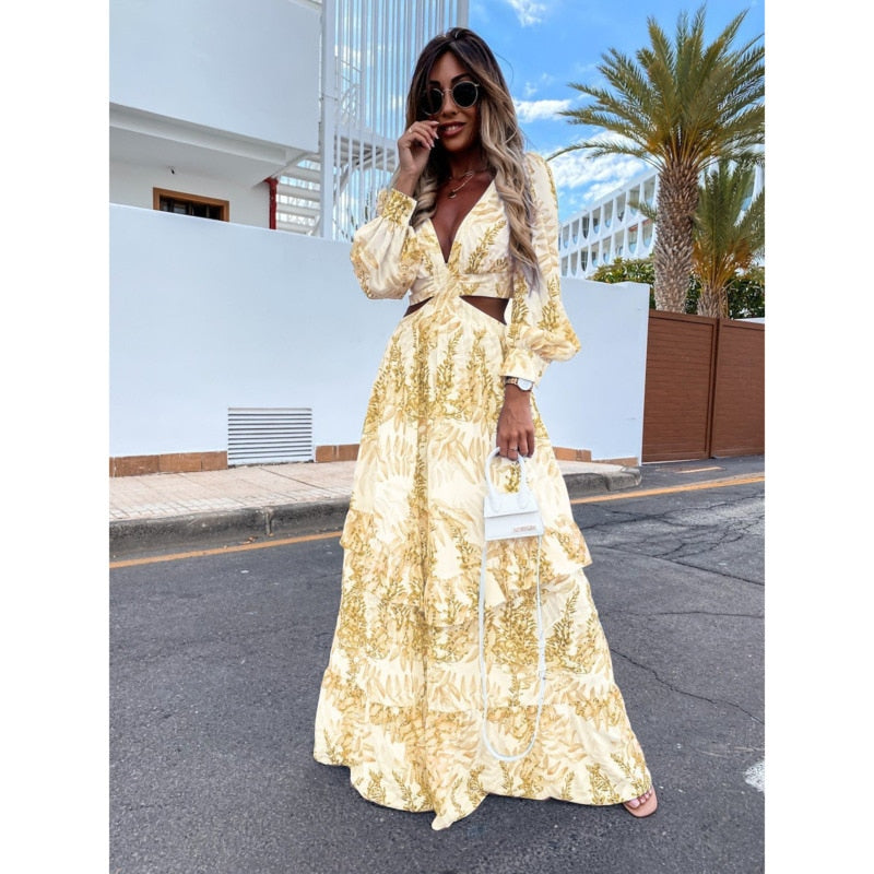 Women Vintage Maxi Dresses 2023 Summer Sexy Deep V-Neck Long Sleeve Boho Print Long Dresses Female Beach Cover Up Elegant Robe