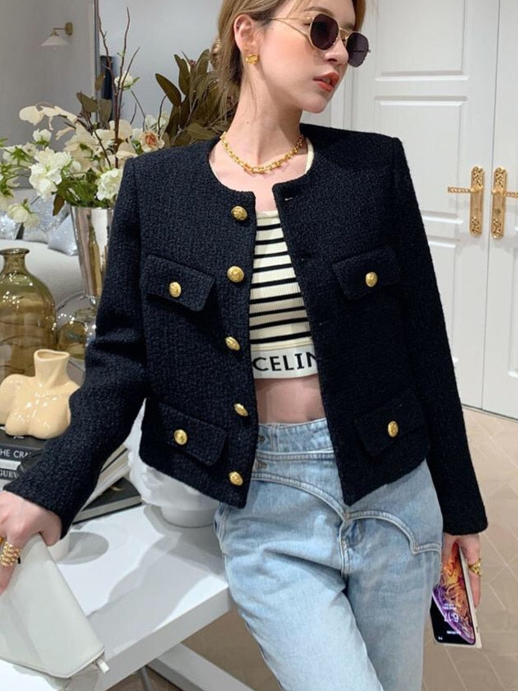 Autumn Winter Small Fragrant Tweed Jacket Coat Women Vintage Woolen Short Coats Streetwear Elegant Casual Slim Outwear Crop Top