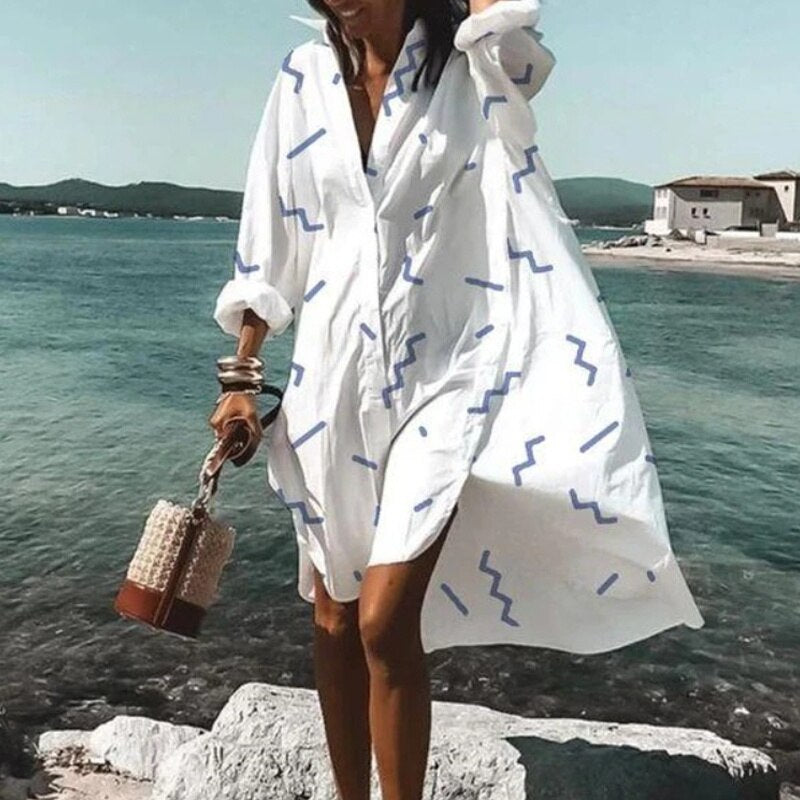 Fashion Women&#39;s Shirts Dress Spring Summer New Casual Printed Lapel Buttons Irregular Dress Beach Long Sleeve Sexy Party Dresses