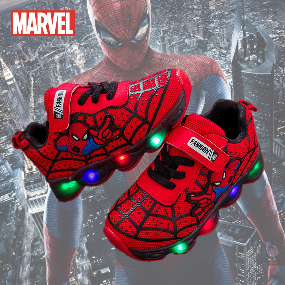 Marvel Spiderman LED Shoes Kids Glowing Sneakers Breathable Mesh Sports Soft Light Up Shoes Baby Girls Boys Children Toys Gift