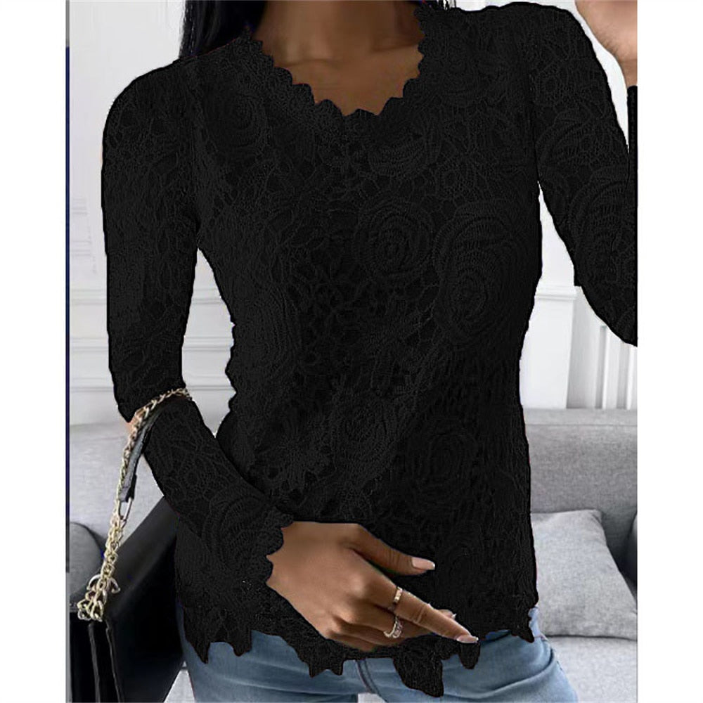 2022 Autumn New Fashion Blouse Tops Women Long Sleeve Lace Patchwork Blouse Ladies Casual Sexy V-Neck Solid Color Street Shirt