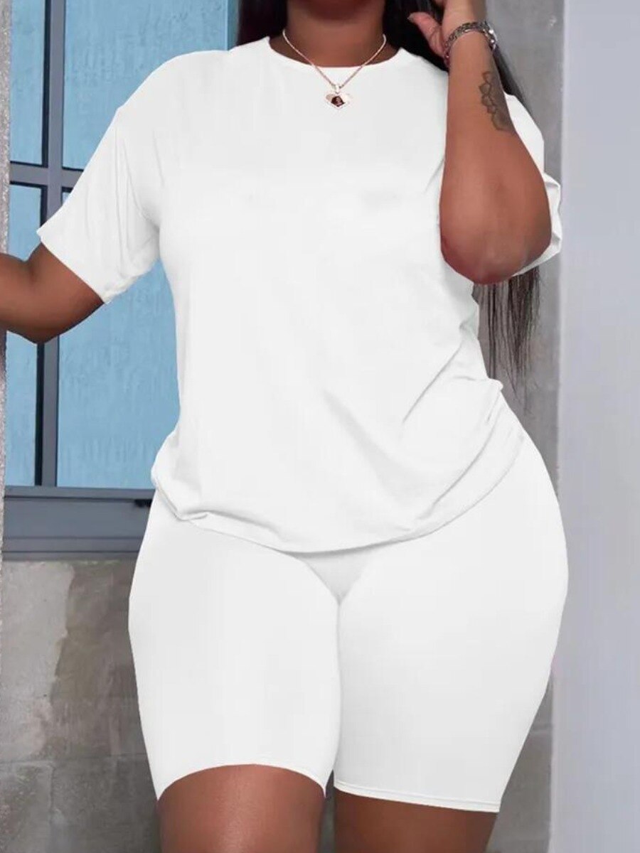 LW Plus Size Summer Women's Suit Short Sleeve Top and Pants Two-piece set Casual women sportswear set Slim Two-piece Suit