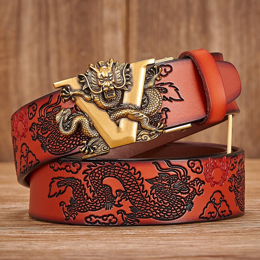 New Male China Dragon Belt Cowskin Genuine Leather Belt for Men Carving Dragon Pattern Automatic Buckle Belt Strap For Jeans