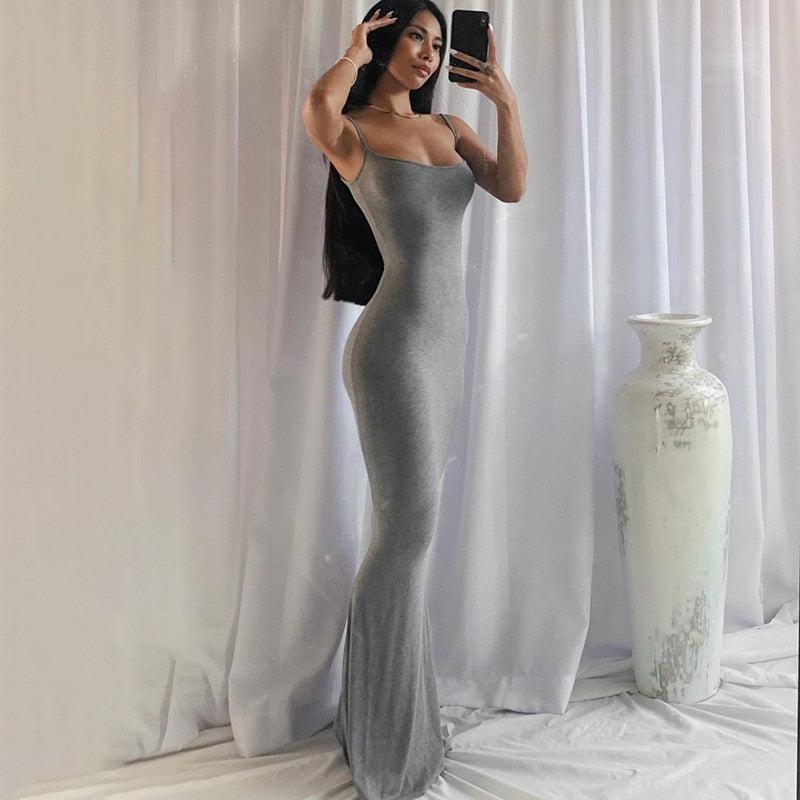 2023 Summer Women Sexy Spaghetti Strap Black Skims Long Dress Y2k Sleeveless Solid Skinny Bodycon Trumpet Maxi Dresses Vestidos