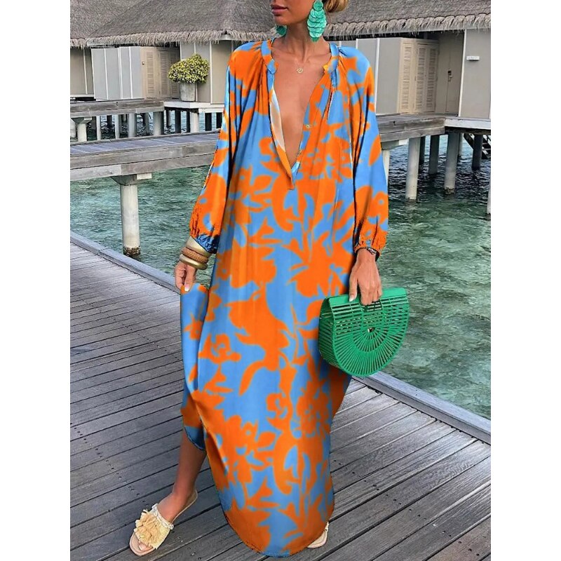 Women Sexy Deep V-Neck Maxi Dresses Bohemian Lantern Sleeve Printed Long Dress Female Vintage Holiday Loose Beach Cover Up Robe