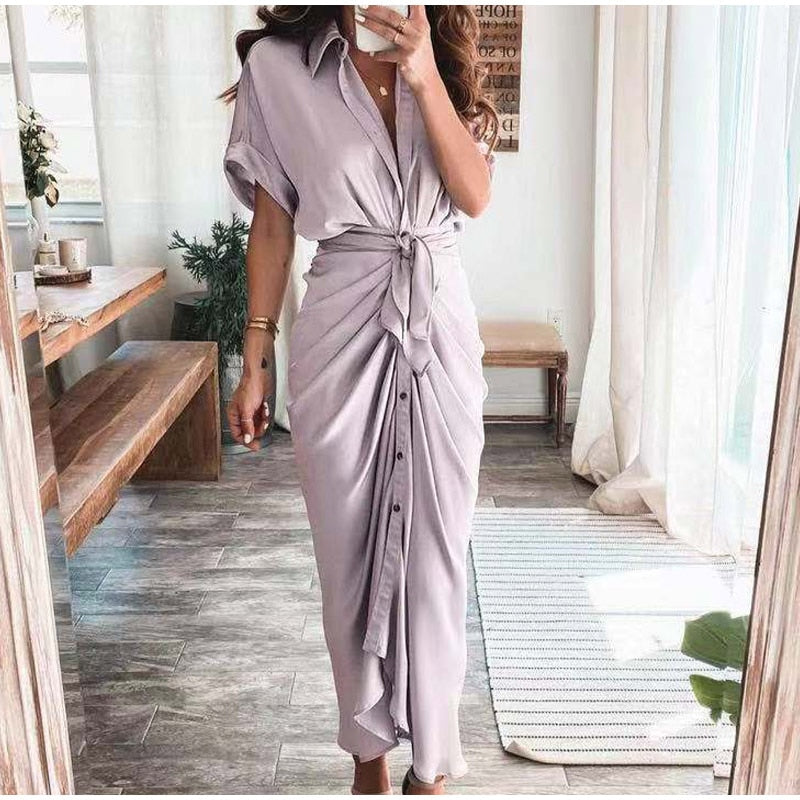 Elegant Women Dresses 2023 Summer Fashion Printed Short Sleeve Shirt Dress Vintage Waist Tie-up Button Bandage Long Dress Robe