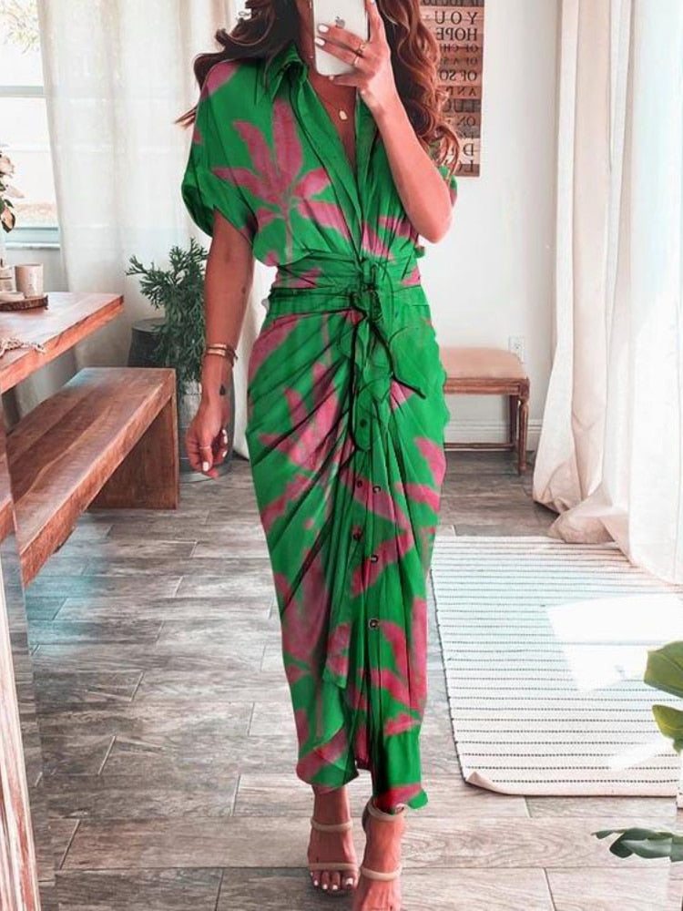 Women Elegant Shirt Dress Summer Fashion Printed Button Ruched Bandage Long Dresses Female Solid V Neck Beach Dress Casual Robe