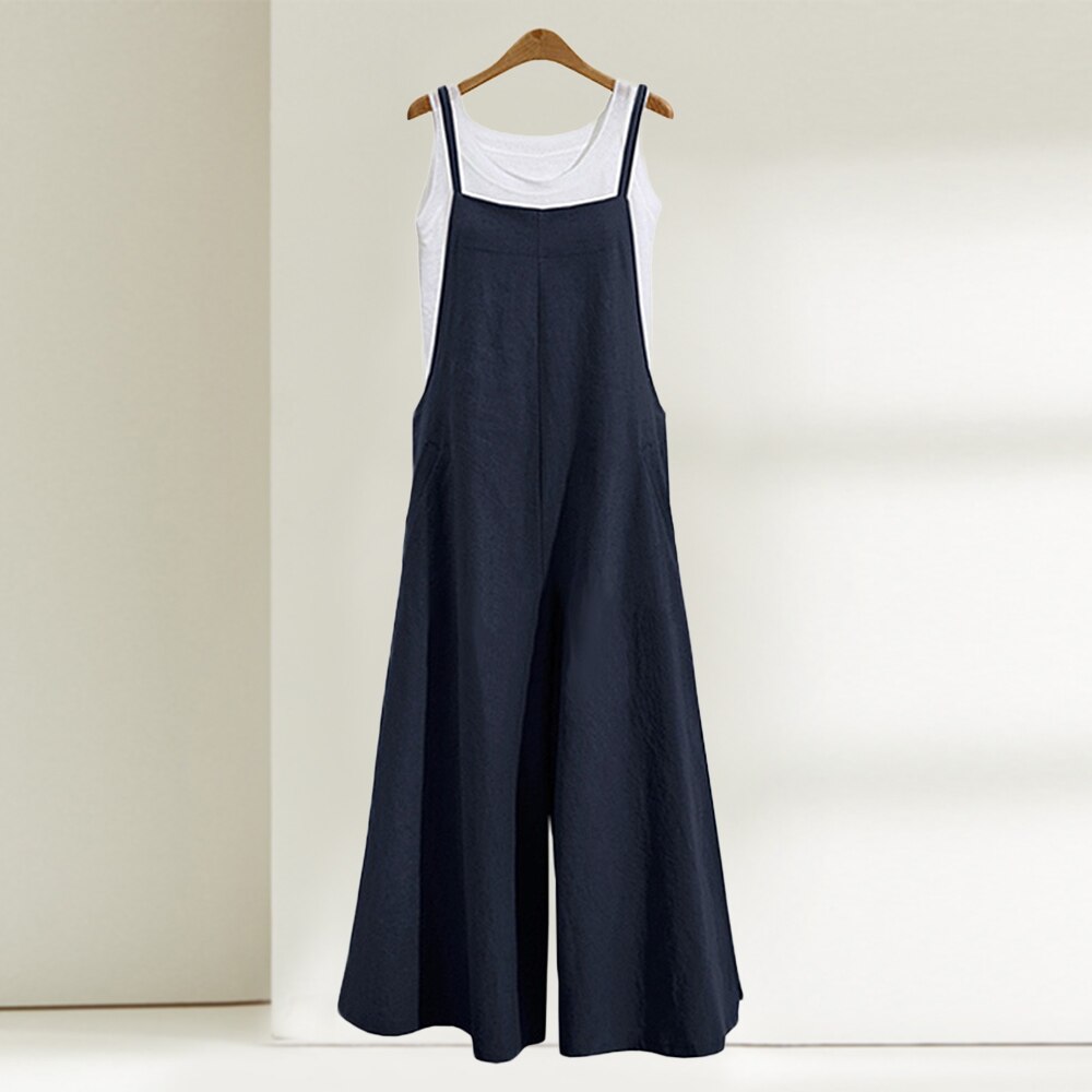 Casual Woman Jumpsuits 2023 Summer Solid Cotton Linen Straps Wide Leg Pants Comfort Pockets Sleeveless Bib Overalls Long Rompers