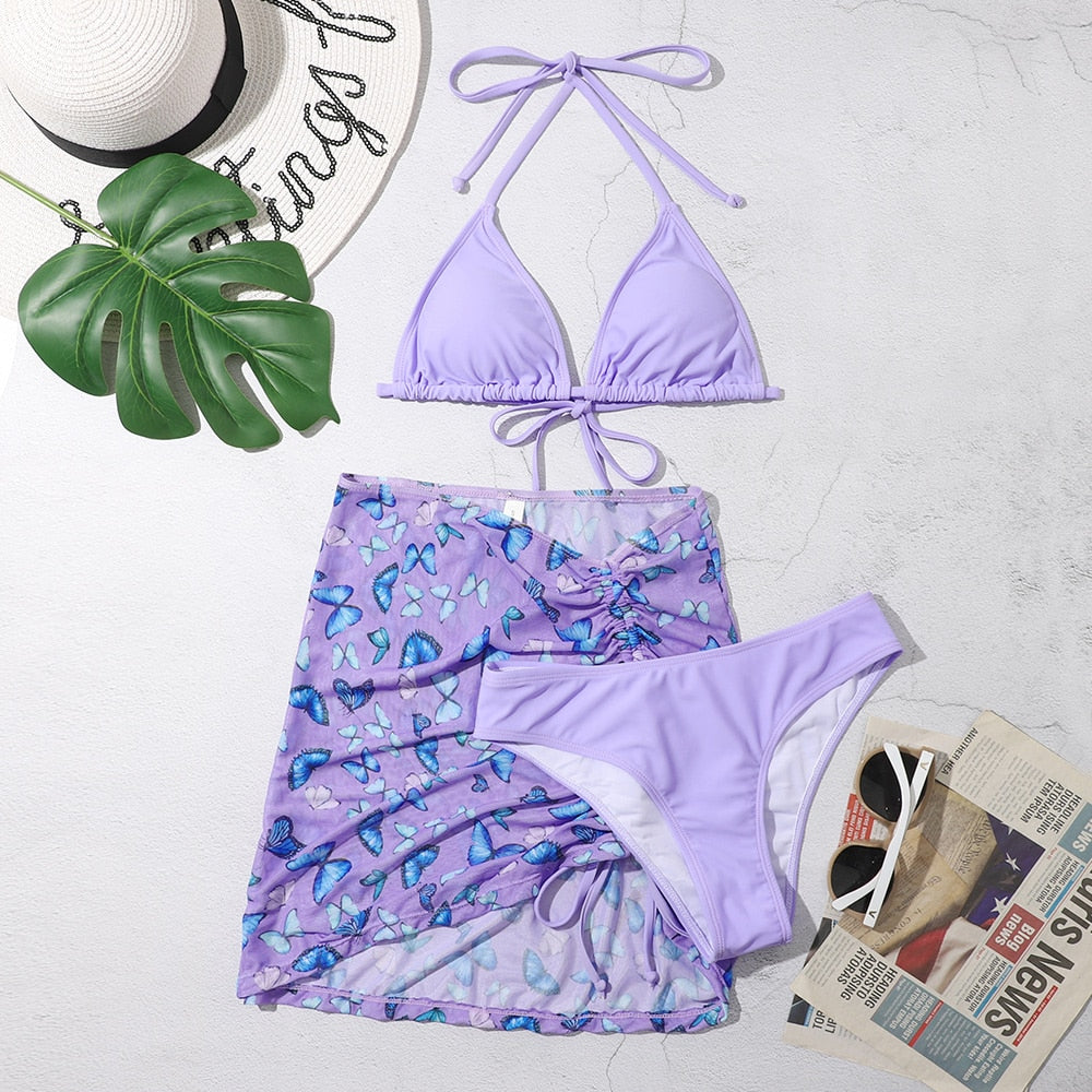 3 Pieces Bikini Set With Skirt  Tie Dye String Thong Bathing Suit Women Swimsuit Female  Swimwear Beach Wear Swim Lady Summer