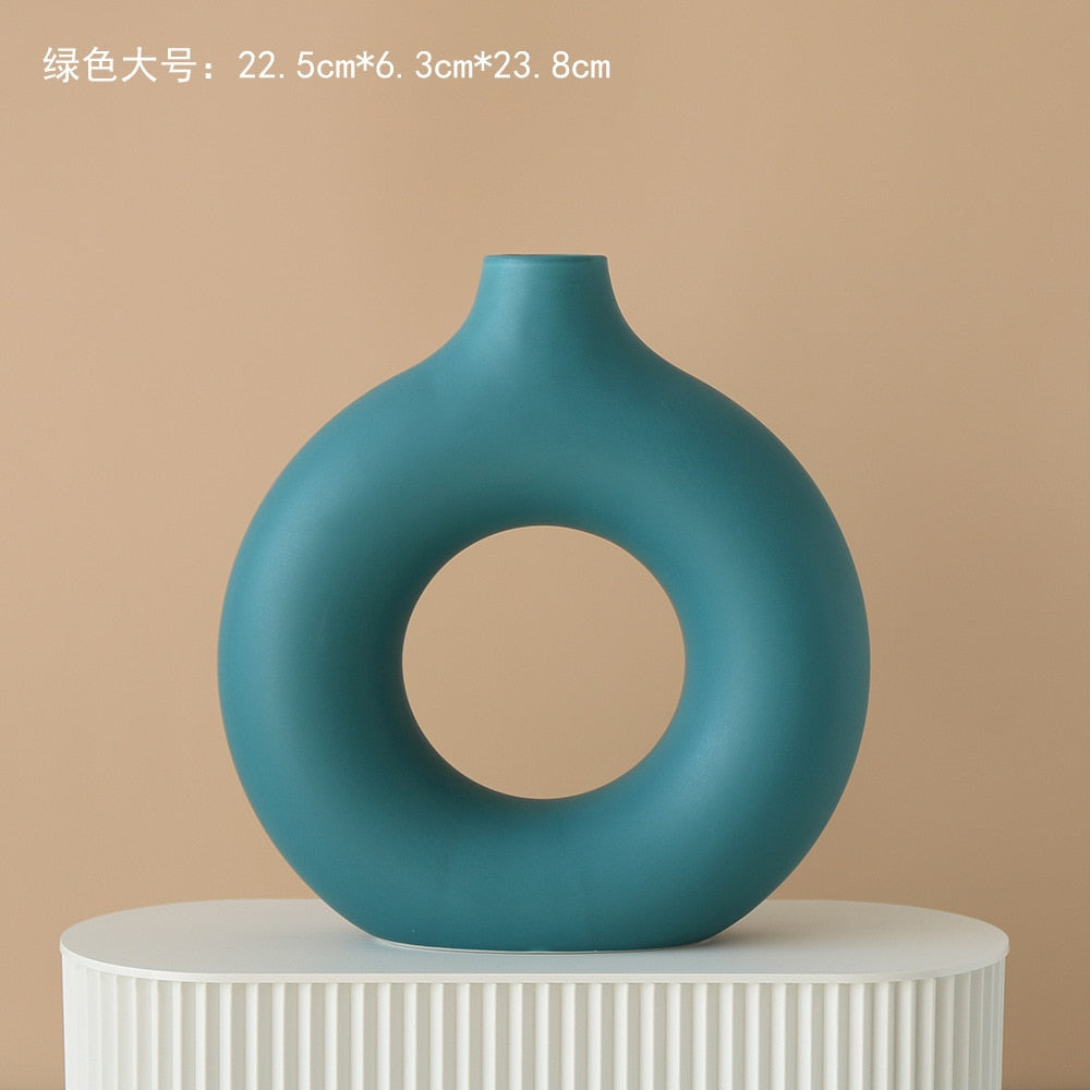 Nordic Vase Circular Hollow Ceramic Donuts Flower Pot Home Living Room Decoration Accessories Interior Office Desktop Decor Gift