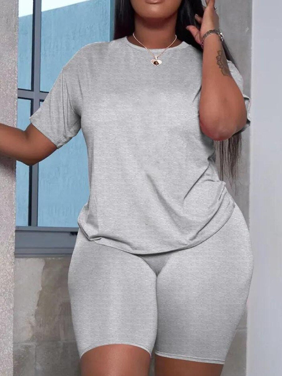 LW Plus Size Summer Women's Suit Short Sleeve Top and Pants Two-piece set Casual women sportswear set Slim Two-piece Suit