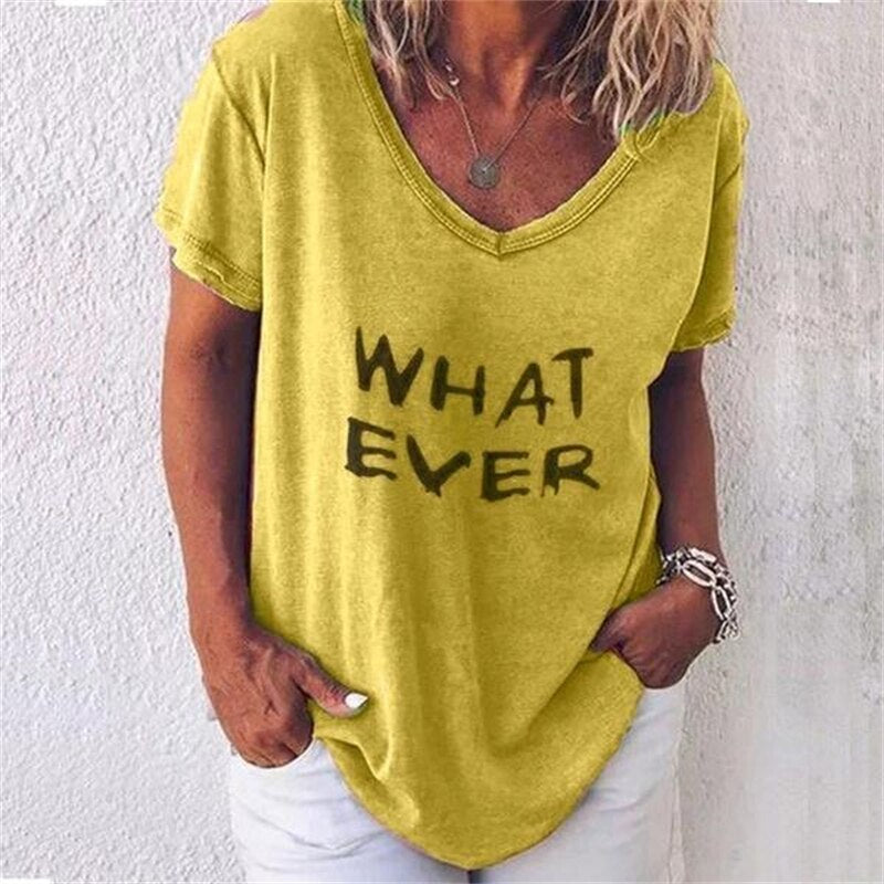 Summer Women T Shirt Letter Print Solid Clothing V Neck Short Sleeve Basic Tops Streetwear Tees Fashion Oversized Girls T-shirts