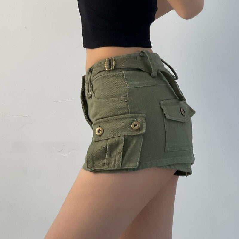 DEEPTOWN Denim Cargo Mini Skirt Women Korean Style Low Waist Slim Sexy Vintage Streetwear Green Pencil Skirt Y2k Girl Summer