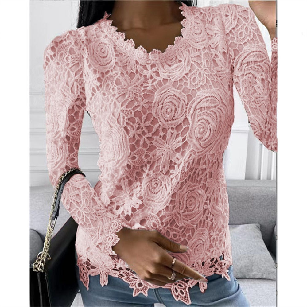 2022 Autumn New Fashion Blouse Tops Women Long Sleeve Lace Patchwork Blouse Ladies Casual Sexy V-Neck Solid Color Street Shirt