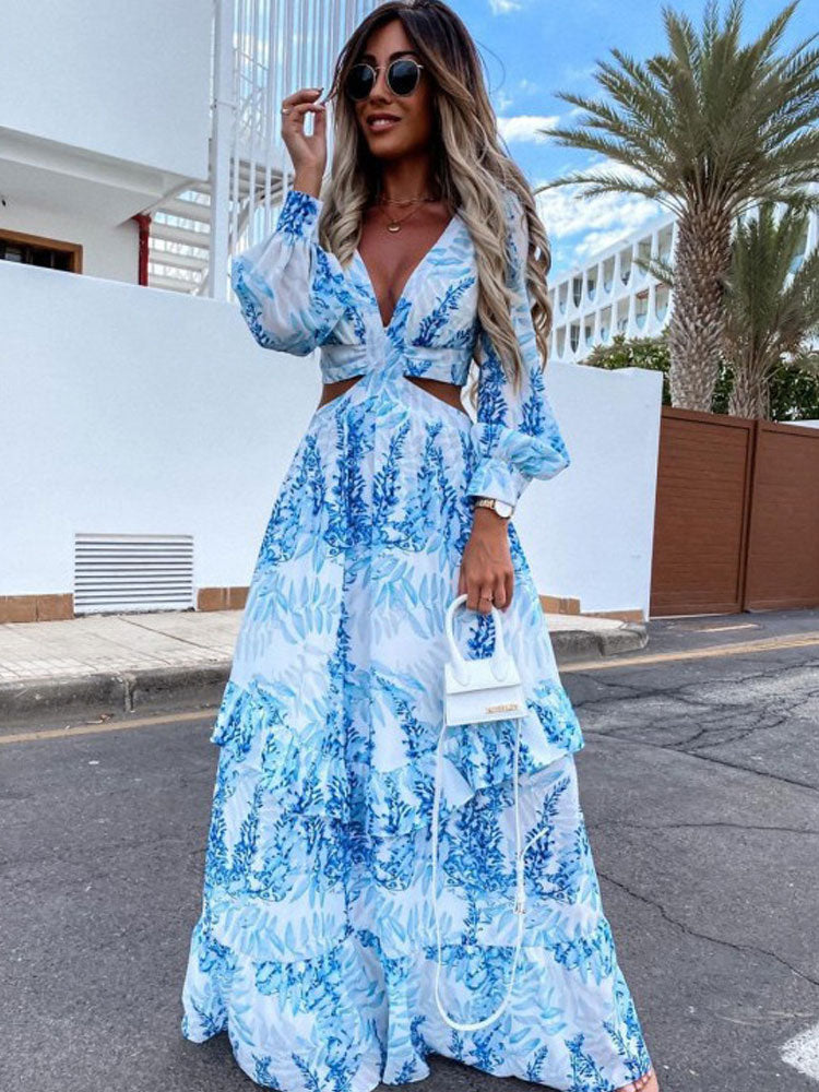 Women Vintage Maxi Dresses 2023 Summer Sexy Deep V-Neck Long Sleeve Boho Print Long Dresses Female Beach Cover Up Elegant Robe