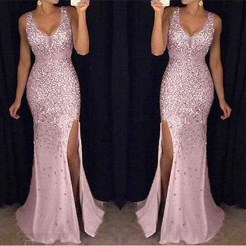 Women's Sexy Suspender Deep V Split Evening Dress Gold Silver Sequin Wedding Long Dress  Spring/Summer Slim Fit Y2K Dress