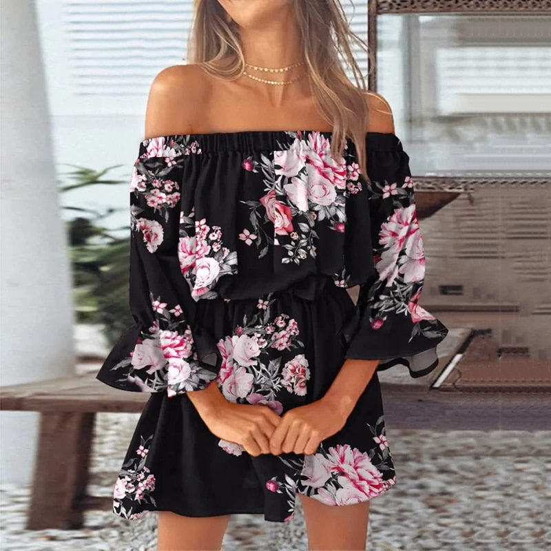 Women Floral Print Mini Dresses 2023 Summer Sexy Off Shoulder Flare Sleeve Tunic Dress Female Casual Boho Beach Dress Vestidos