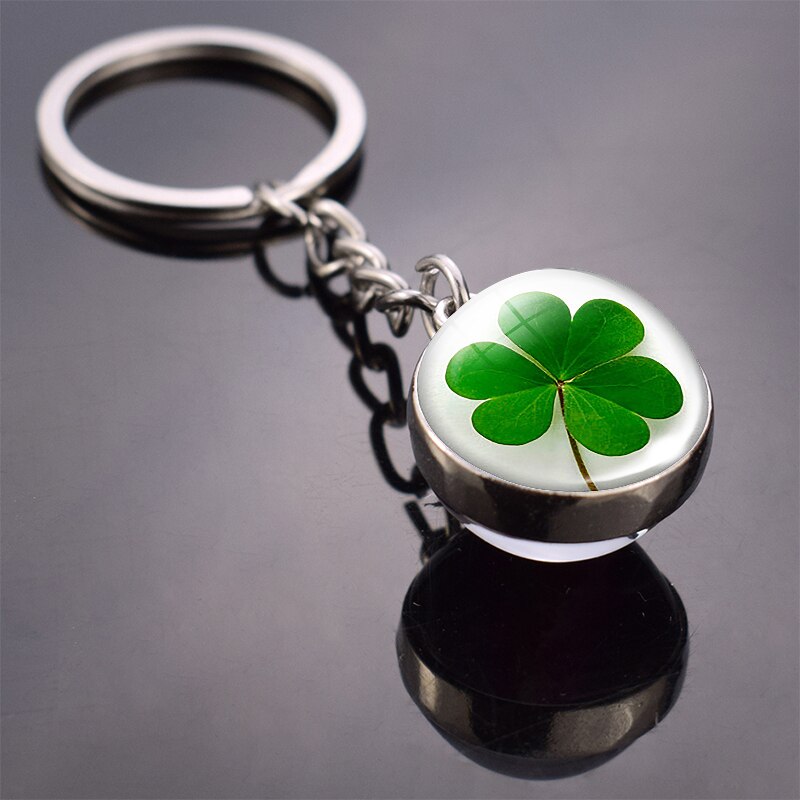 Clover Keychain Four Leaf Clover Glass Ball Double Side Pendant Metal Keyring Lucky Jewelry Gift for Men Dropshipping