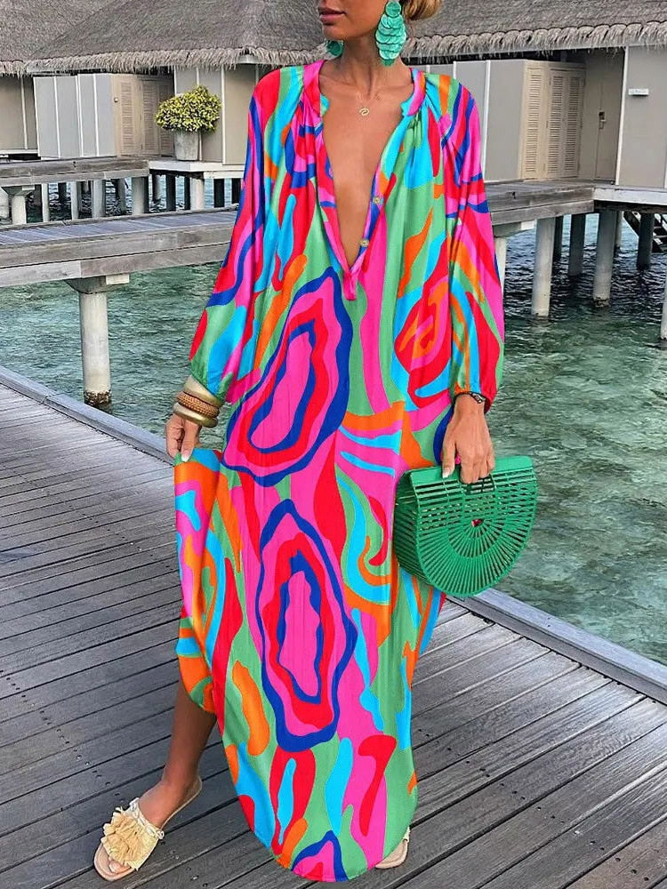 Women Sexy Deep V-Neck Maxi Dresses Bohemian Lantern Sleeve Printed Long Dress Female Vintage Holiday Loose Beach Cover Up Robe