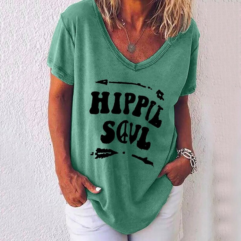 Summer Women T Shirt Letter Print Solid Clothing V Neck Short Sleeve Basic Tops Streetwear Tees Fashion Oversized Girls T-shirts