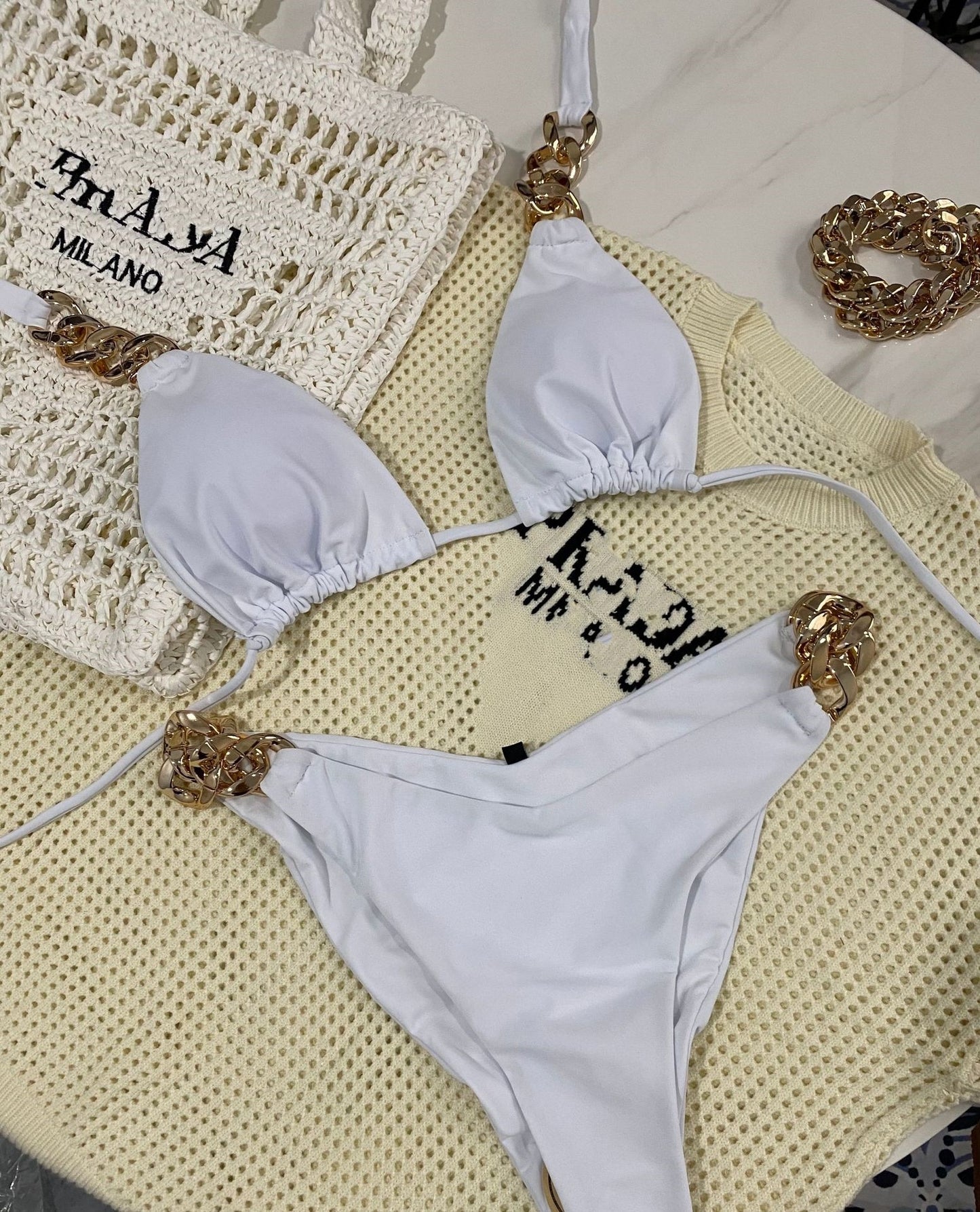 Soft Comfortable Fabric Bikini Set With Plastic Chain Summer S-XL Entry Luxury Swimsuit Women's Two Piece Bathing Suit Beachwear