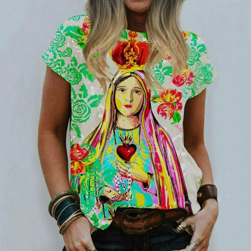 Harajuku Women's Casual T-shirt Neckline Street Dress Jesus Religious Cartoon 3D Print Short Sleeve Pullover