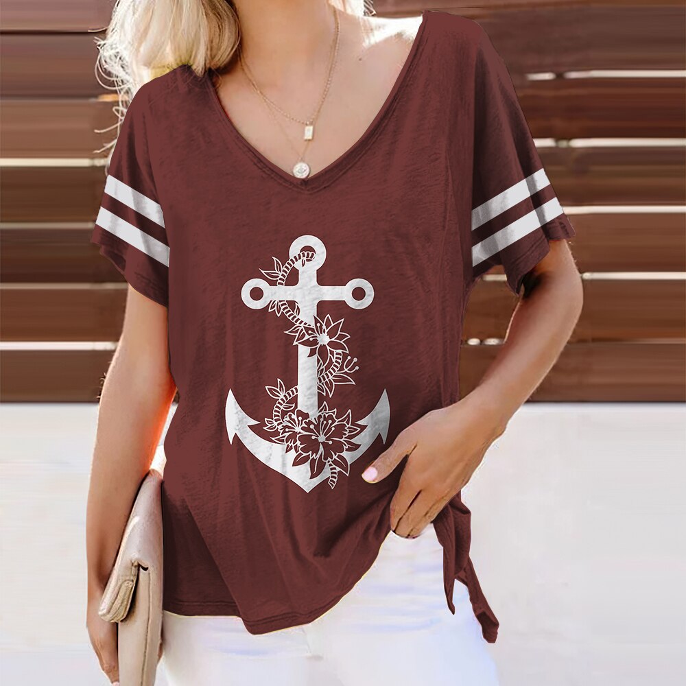 Summer Shirts Women T Shirt Short Sleeve Tops Anchor Graphic Clothing Everyday Streetwear V-Neck Pullovers For Women's Tees 2023