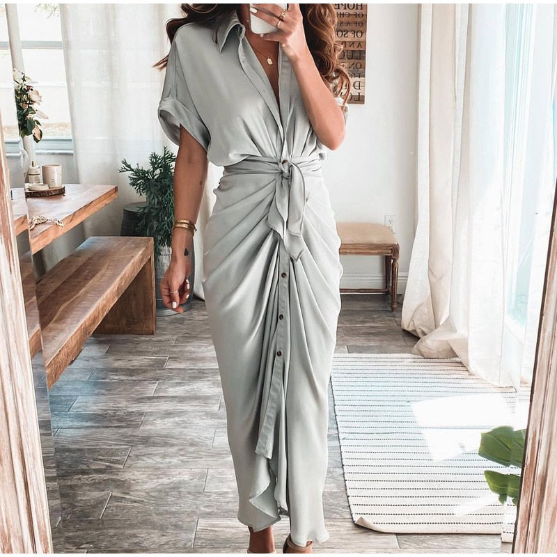 Elegant Women Dresses 2023 Summer Fashion Printed Short Sleeve Shirt Dress Vintage Waist Tie-up Button Bandage Long Dress Robe