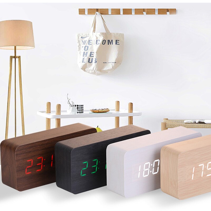 Alarm Clock Table Clock LED Digital Wooden USB/AAA Powered Desk Clock Temperature Humidity Voice Control Electronic Home Decor