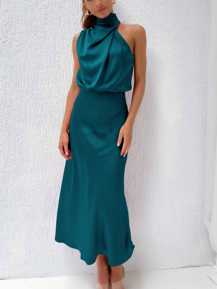 Stain Silk Women Dresses Sexy Evening Party Sleeveless Off Shoulder Bodycon Elegant Maxi Dresses for Women 2023 Summer Wedding