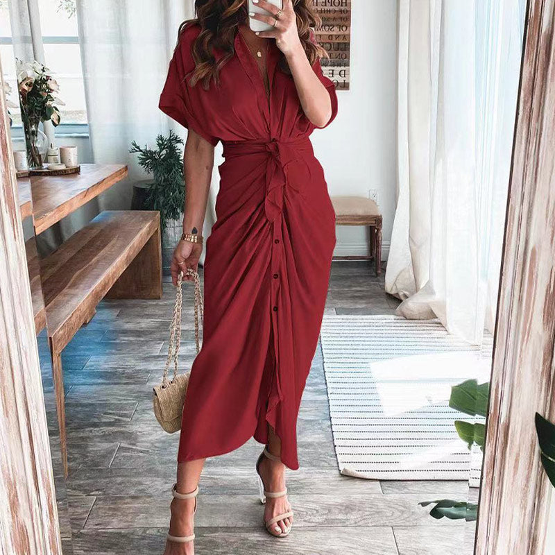 Women Elegant Shirt Dress Summer Fashion Printed Button Ruched Bandage Long Dresses Female Solid V Neck Beach Dress Casual Robe