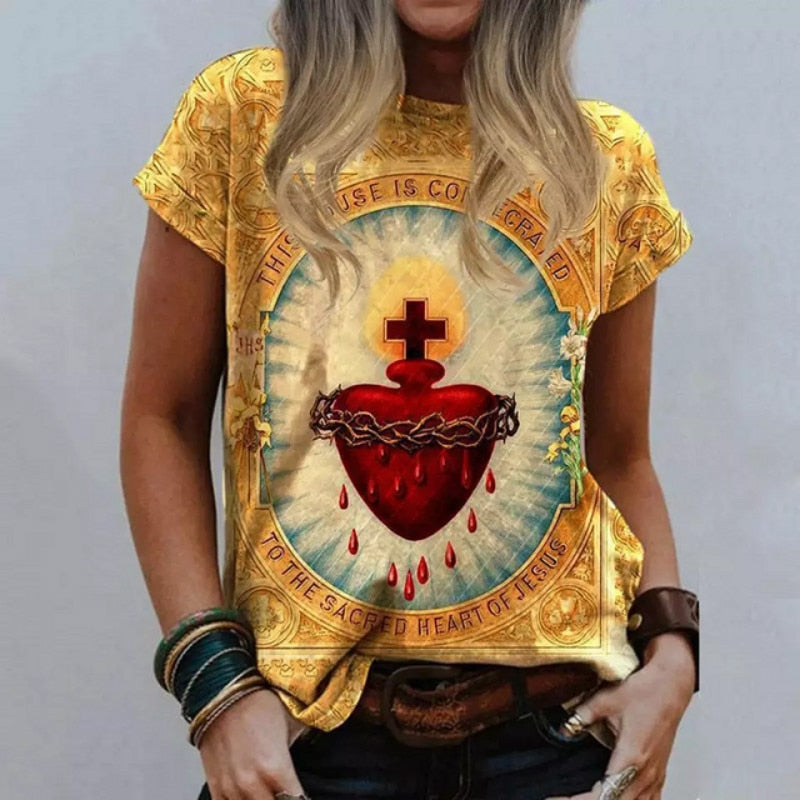 Harajuku Women's Casual T-shirt Neckline Street Dress Jesus Religious Cartoon 3D Print Short Sleeve Pullover