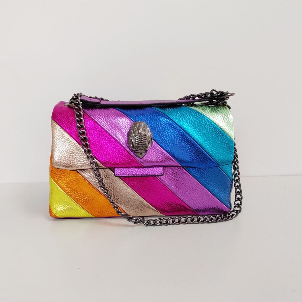 Rainbow Wave Pattern Women Handbag Eagle Head On The Front Flap Jointing Colorful Cross Body Bag Patchwork Pu Leather