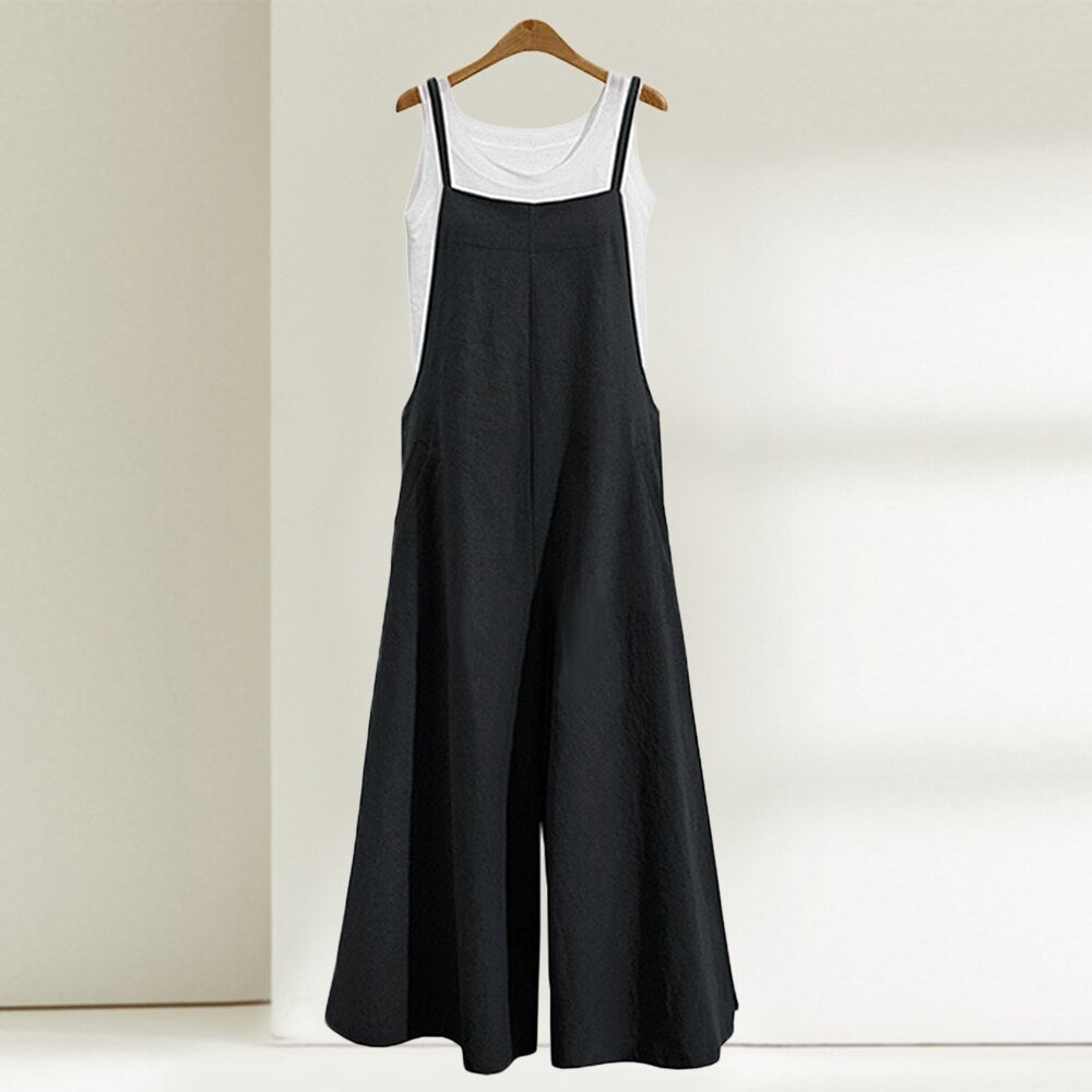 Casual Woman Jumpsuits 2023 Summer Solid Cotton Linen Straps Wide Leg Pants Comfort Pockets Sleeveless Bib Overalls Long Rompers