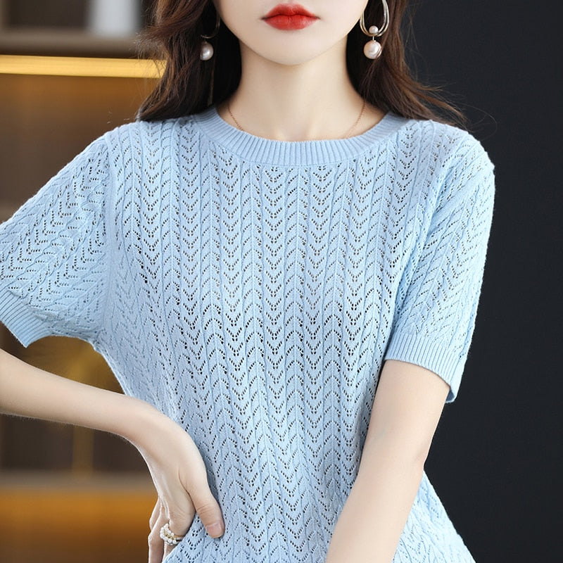 100% Pure Cotton T-Shirts Women's Round Neck Strands Empty Pullover Top Casual Knit Loose Top Summer Mesh Fashion Short Sleeves