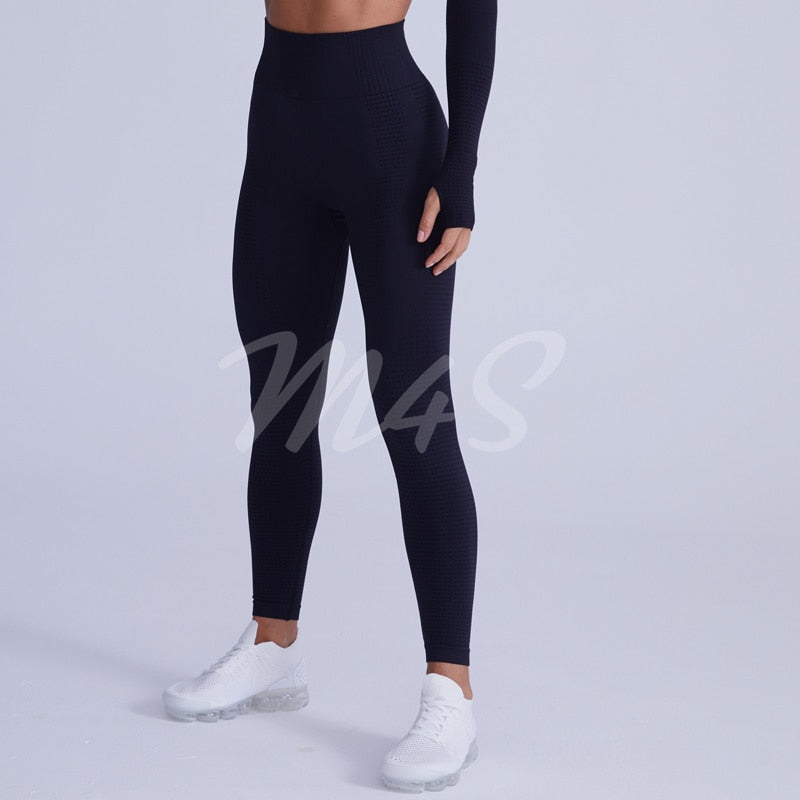 Ensemble Female 2 Pieces Yoga Set Women Seamless Thumb Hole Gym Workout Fitness Clothes Sportswear Long Sleeve Crop Top Leggings