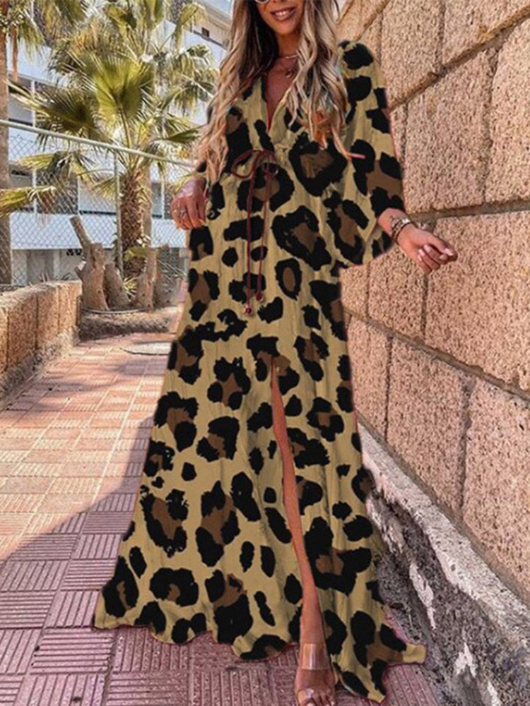 Summer Print Casual Women Dresses Oversized Holiday Beach Dress Boho Long Cover-Up Dress Female Long Sleeve Loose Tunic Dress