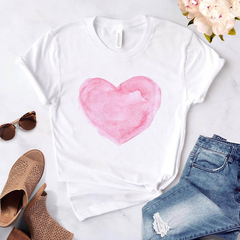 Heart Flower Print Womens T-Shirt Ladies Casual Basis O-Collar White Shirt Short Sleeve Ladies T-Shirt Love Graphic Printing