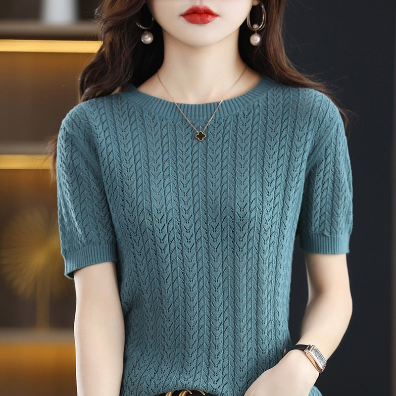 100% Pure Cotton T-Shirts Women's Round Neck Strands Empty Pullover Top Casual Knit Loose Top Summer Mesh Fashion Short Sleeves