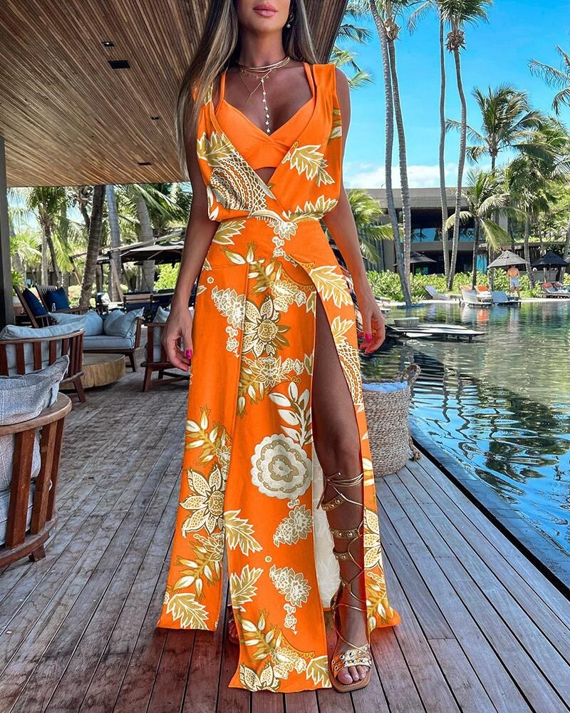 2023 Summer New Fashion Sexy Sleeveless V-Neck Printed Split Dress Women's Elegant Sling Long Dress