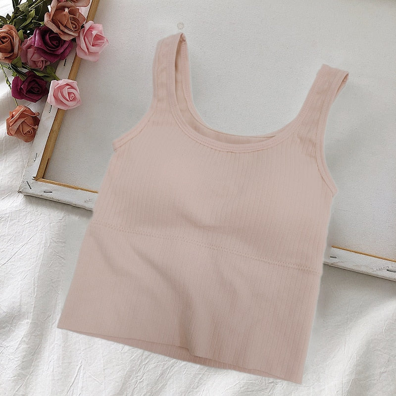 Seamless Crop Top Women Underwear Wire-Free U-Shaped Camisole Wide Straps Striped Solid Bralette Lingerie One-Piece Tube Tops